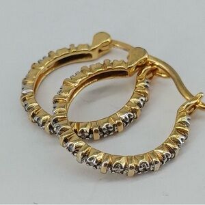 925 Sterling Silver and vermeil w/ Diamond Chip Latchback Hoop Earrings 3.0g